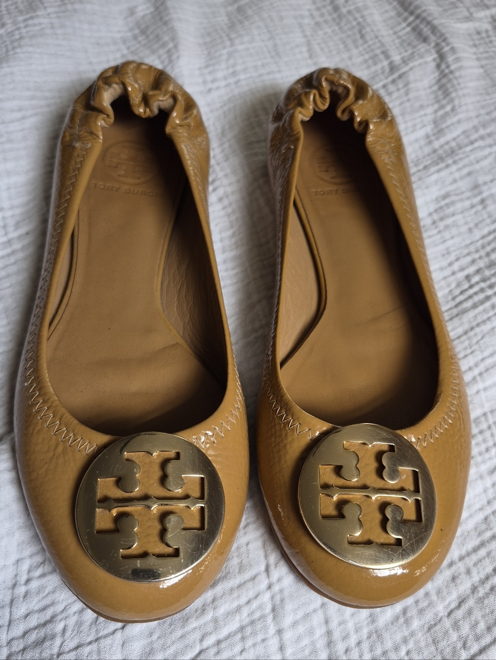 Tory Burch Reva Ballet Flats, Tan Patent  Leather, Size 7.5, GUC